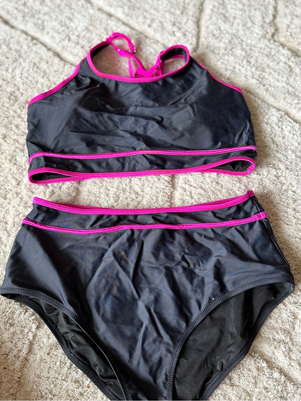 Black Two-Piece Swim Set with Hot Pink Trim
